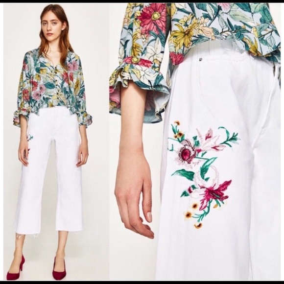 Zara Pants - Zara embroidered Wide Leg White Denim Crop 34